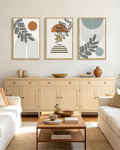 PHOPAGO Summer Boho Wall Art Large 16x24in Botanical Modern Framed Wall Prints Abstract Neutral Geometric Prints Bohemain Plants Decor for Farmhouse Home Office - Natural Framed