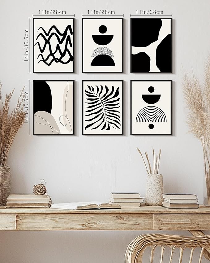 Drsoum Abstract Boho Wall Art Minimalist Geometric Framed Boho Room Decor Black Line Art Mid Century Modern Prints Bohemian Living Room Bedroom Ready to Hang 11x14inx6pcs (Black Framed)