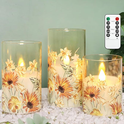 MELTONE Sunflower Flameless Candles Remote Real Wax Flickering Battery Operated Glass Candles - Home Party Bedroom Birthday Christmas Summer Spring Decorations