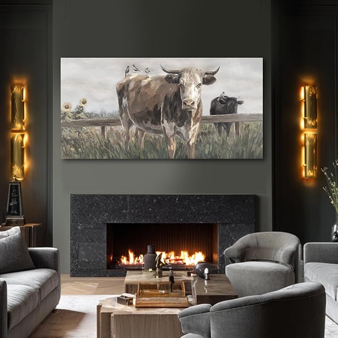 ZENPEE Large Brown and Black Cow Canvas Wall Art – Vintage Farmhouse Animal Decor for Bedroom, Bathroom, Office, Fireplace & Kitchen, 29 x 58 Inch