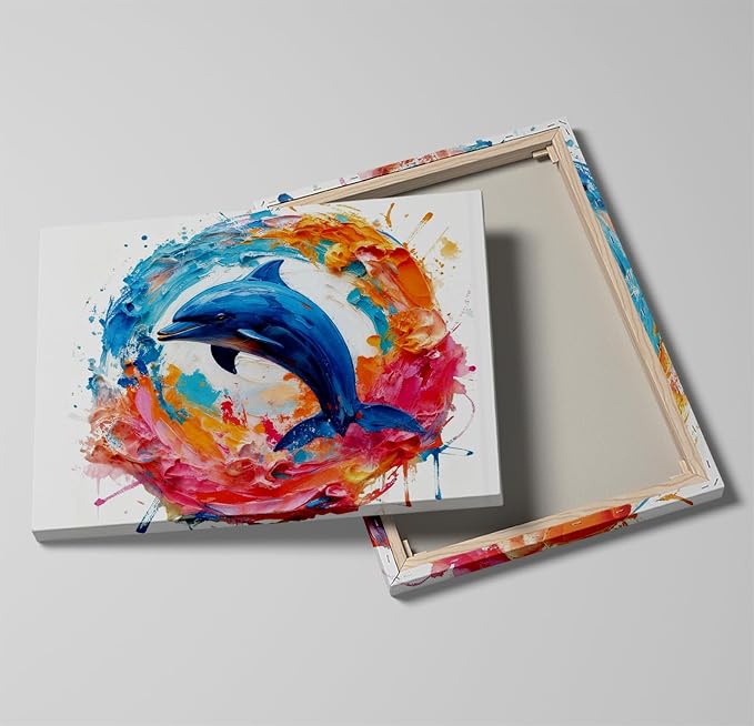 DUFIPOR Colorful Abstract Dolphin Poster Canvas Wall Art - Vibrant Modern Ocean Animal Painting Print - 12x16 Framed Graffiti Picture Decor for Teen Boy/Girl Kids/Child Bathroom Bedroom Living Room