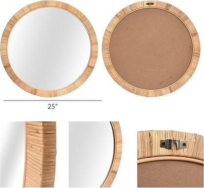 FUIN 25" Boho Chic Round Rattan Mirror - Handmade Wicker Frame - Perfect for Rustic Farmhouse Décor