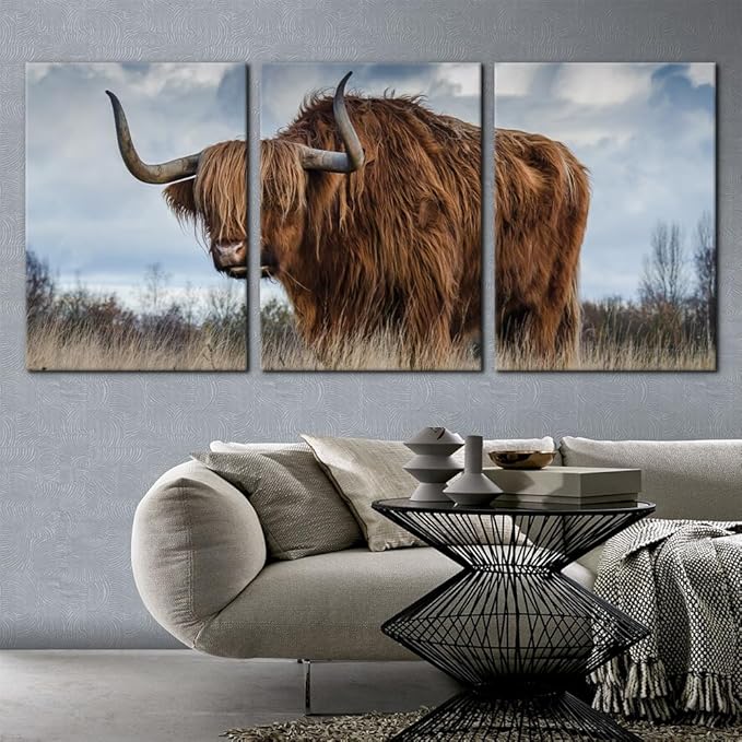 Pacimo 3 Panels Framed Canvas Prints Highland Cattle Wall Art Home Decorations for Living Room Modern Stretched and Framed Animal Pictures Photo Giclee Paintings Ready to Hang - 20"x28"x3 Panels