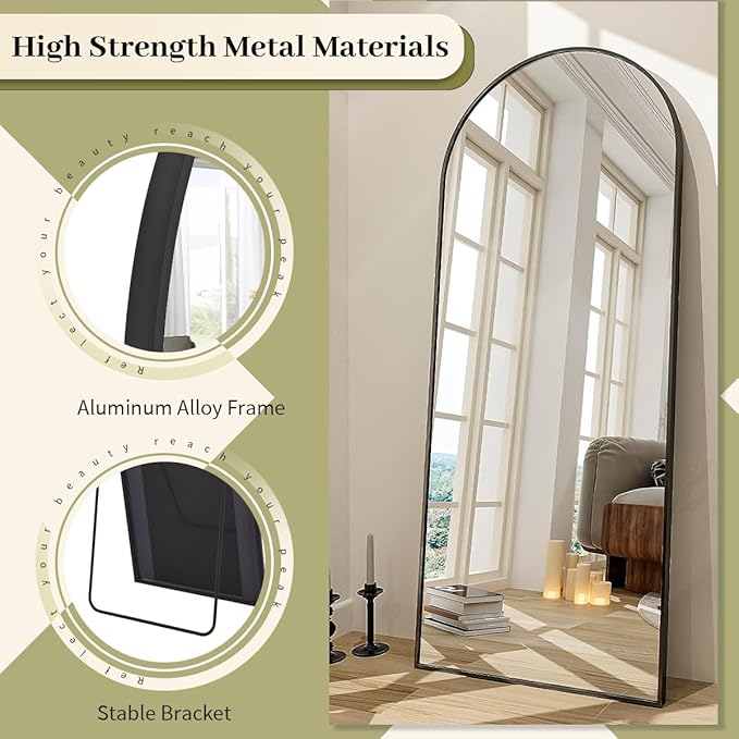 BEAUTYPEAK 65"x24" Full Length Mirror, Arch Full Body Floor Mirror, Wall Mirrors Hanging or Leaning Arched-Top with Stand for Bedroom, Living Room, Dressing Room, Black