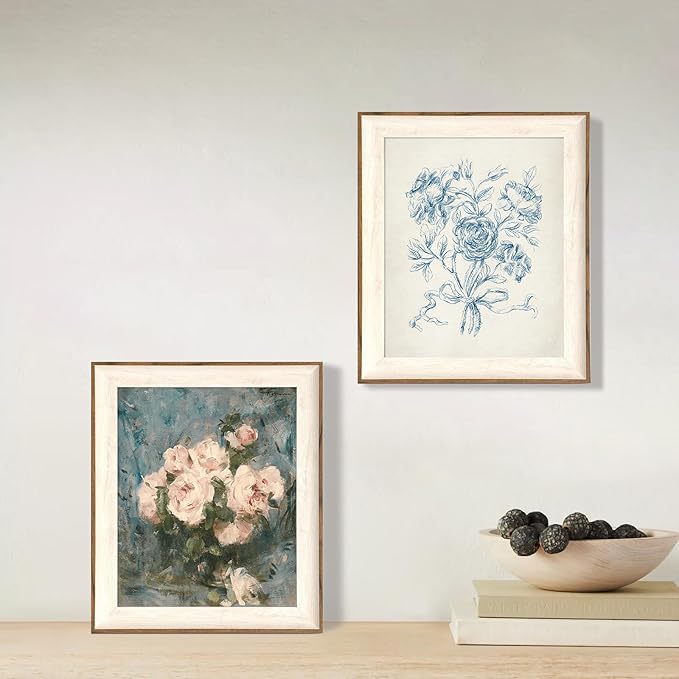 ASTRDECOR Framed Vintage Wall Art for Living Room, Vintage Floral Home Decor Aesthetic, Victorian Pink Rose Bouquet Oil Painting Blue Canvas Wall Art Prints, Antique Flower Pictures Blue Artwork for Living Room-10''x12''