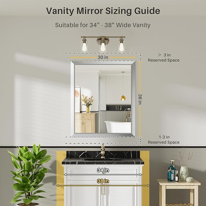 36x30 Inch Brushed Silver Bathroom Mirror for Wall, Thick Metal Framed Rectangle Mirrors for Over Sink, Bedroom, Living Room, Entryway, Anti-Rust, HD Tempered Glass