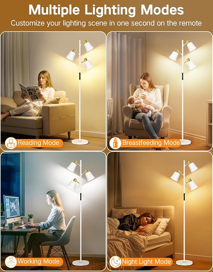 OUTON Tree Floor Lamp, LED Dimmable Floor Lamp with Remote and Touch Slide Control, 4 Color Temperatures, 3 Rotatable Lights, Modern Standing Lamp for Living Room Bedroom Office, Bulbs Included,White