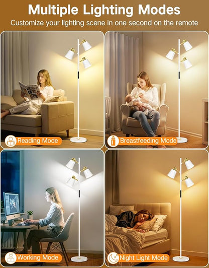 OUTON Tree Floor Lamp, LED Dimmable Floor Lamp with Remote and Touch Slide Control, 4 Color Temperatures, 3 Rotatable Lights, Modern Standing Lamp for Living Room Bedroom Office, Bulbs Included,White