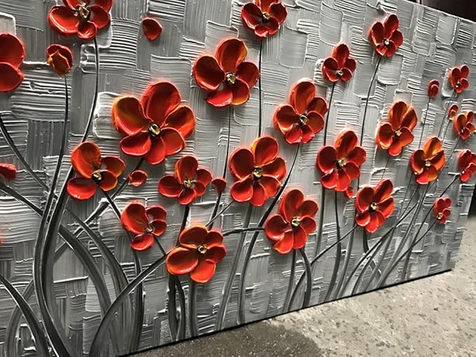 YaSheng Art - 48x24inch Canvas Wall Art, Hand Painted Oil Painting Wall Art ,Abstract 3D Texture Wall Art Pictures, Red Floral Paintings, Modern Home Bedroom Wall Art Decor, Wall Art for living room, Large Framed oil painting.