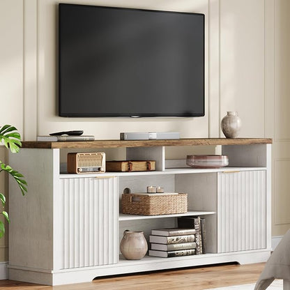 Modern TV Stand for TVs Up to 65 Inch, Fluted Entertainment Center with Storage Cabinet, TV Media Console Table with Adjustable Shelves for Living Room Bedroom, Brown + White