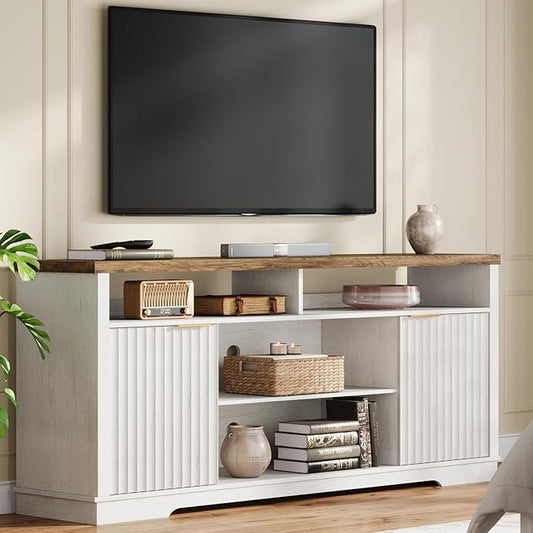 Modern TV Stand for TVs Up to 65 Inch, Fluted Entertainment Center with Storage Cabinet, TV Media Console Table with Adjustable Shelves for Living Room Bedroom, Brown + White
