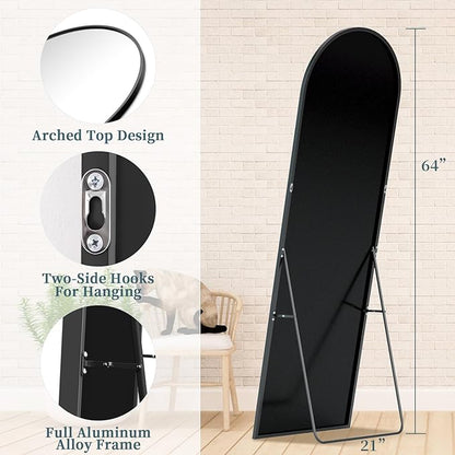 Full Length Mirror with Stand, 64"x21" Arched Full Body Mirror, Large Stand Up Aluminum Frame Floor Freestanding Hanging Leaning Mounted for Bedroom Living Room Entryway Black