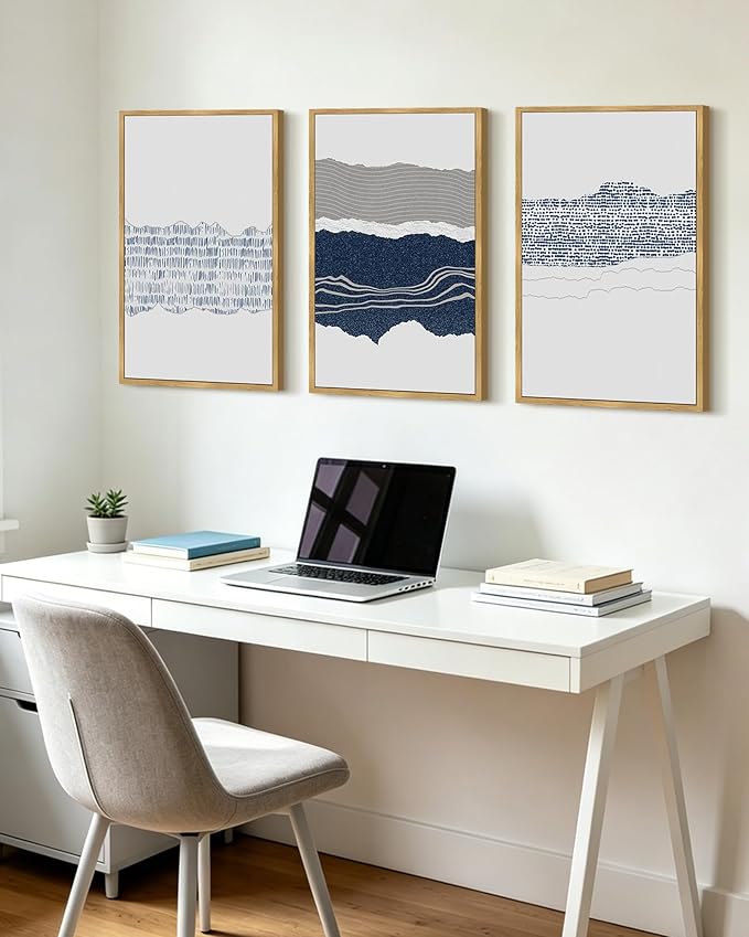 PHOPAGO Navy Blue Abstract Framed Wall Art Large 16x24in Mid Century Minimalist Boho Wall Decor Modern Neutral Farmhouse Rustic Art Bedroom Living Decor - Natural Framed