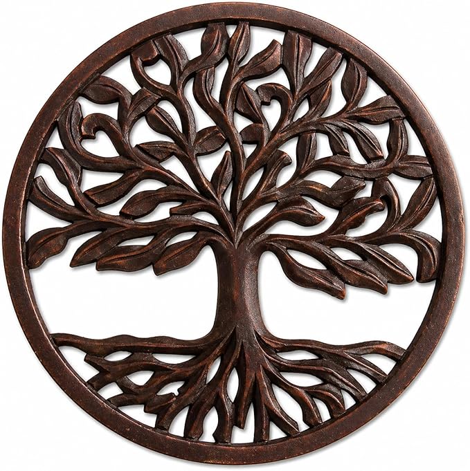 Intricately Handcrafted Decorative Wooden Wall Panel Hanging Sculpture Statue Plaque Art Home Living Room Office Decor Accent Designer Boho Farmhouse Tree Of Life Decor, 12 Inch, Round, Rustic Brown