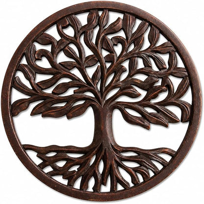 Intricately Handcrafted Decorative Wooden Wall Panel Hanging Sculpture Statue Plaque Art Home Living Room Office Decor Accent Designer Boho Farmhouse Tree Of Life Decor, 12 Inch, Round, Rustic Brown