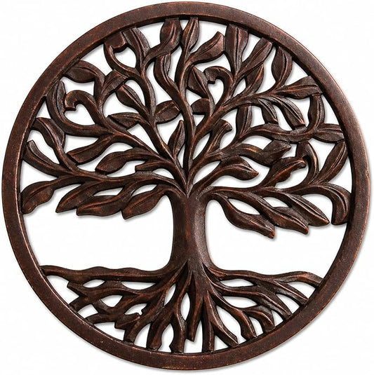 Intricately Handcrafted Decorative Wooden Wall Panel Hanging Sculpture Statue Plaque Art Home Living Room Office Decor Accent Designer Boho Farmhouse Tree Of Life Decor, 12 Inch, Round, Rustic Brown