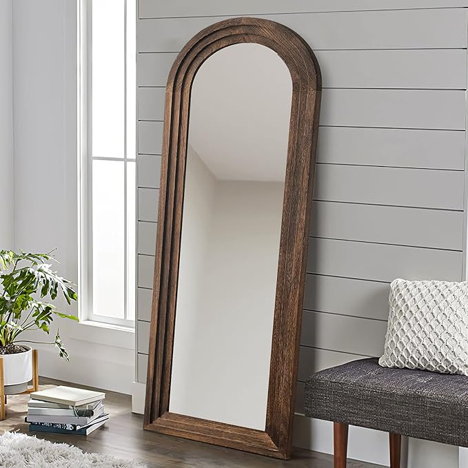 NeuType Arched Full Length Mirror, 65x22in Rustic Wood Frame Full Body Dressing Mirror, Wall-Mounted or Leaning Against Wall Standing Mirror, Farmhouse Decor for Bedroom Living Room, Charcoal Grilled