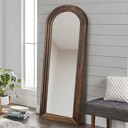 NeuType Arched Full Length Mirror, 65x22in Rustic Wood Frame Full Body Dressing Mirror, Wall-Mounted or Leaning Against Wall Standing Mirror, Farmhouse Decor for Bedroom Living Room, Charcoal Grilled