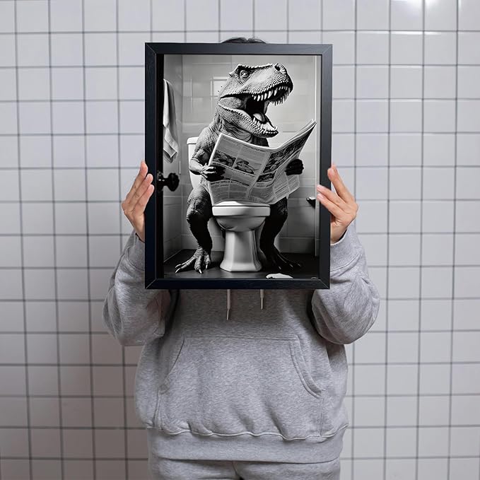 ARKZSHO Funny Dinosaur Bathroom Wall Art, Black and White T-Rex Reading Newspaper Canvas Print Poster, Humorous Animal Toilet Artwork, Modern Farmhouse Restroom Home Wall Decor (Framed 24''x16'')
