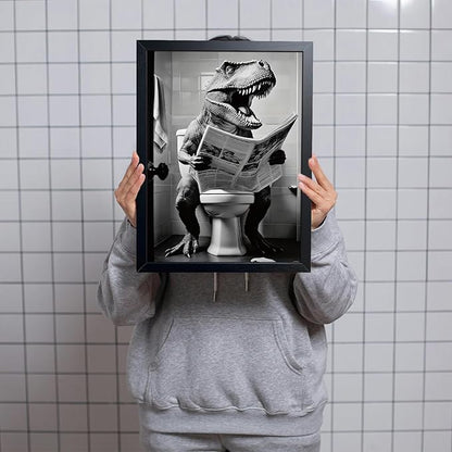 ARKZSHO Funny Dinosaur Bathroom Wall Art, Black and White T-Rex Reading Newspaper Canvas Print Poster, Humorous Animal Toilet Artwork, Modern Farmhouse Restroom Home Wall Decor (Framed 24''x16'')
