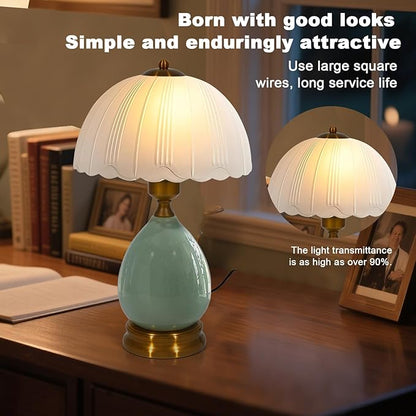 Table Lamps Ceramic Retro Lamp for Living Room,16.73" Modern Bedside Nightstand Traditional Lamps, Classic Chinoiserie Green Glass Lamp for Home (French Country)