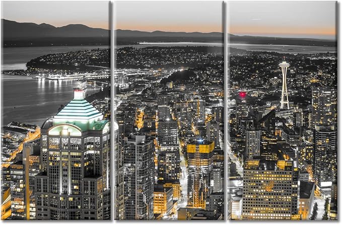TUMOVO American Cityscape Canvas Paintings Wall Art 3 Pieces Downtown Seattle Skyline in Seattle Washington Skyscrapers Bedroom Decor Wall Art Framed Ready to Hang (60" Wx40 H)
