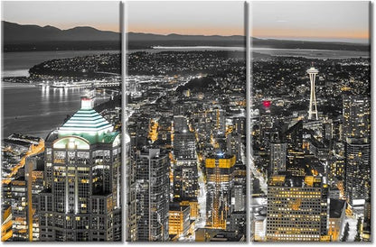 TUMOVO American Cityscape Canvas Paintings Wall Art 3 Pieces Downtown Seattle Skyline in Seattle Washington Skyscrapers Bedroom Decor Wall Art Framed Ready to Hang (60" Wx40 H)