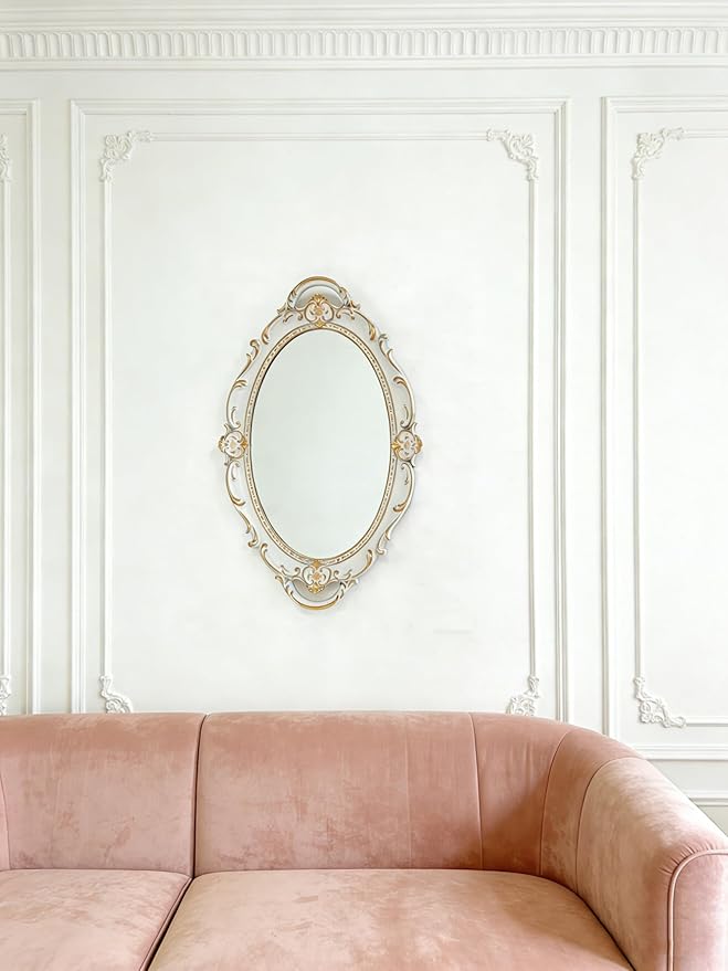 Vintage Oval Resin Wall Mirror, Wall-Mounted Decorative Mirror, Vanity Tray for Entryway, Corridor, Bedroom, Living Room Dressing Table (White Gold 15X10 Inch)