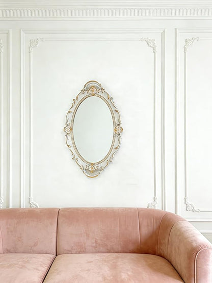 Vintage Oval Resin Wall Mirror, Wall-Mounted Decorative Mirror, Vanity Tray for Entryway, Corridor, Bedroom, Living Room Dressing Table (White Gold 15X10 Inch)