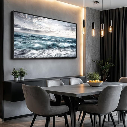 QIYILEXWART Black Framed Canvas Wall Art For Living Room Large Wall Decor For Office Bedroom Decoration Modern Watercolour Picture Ocean Waves Painting Artwork Room Ready To Hang