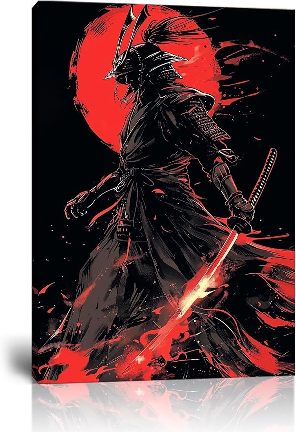 Black and Red Japanese Samurai Wall Art Bushido Pictures Wall Decor Canvas Prints Armored Samurai Painting Poster Artwork Modern Home Decor Framed for Bedroom Living Room Office (28''W x 44''H)