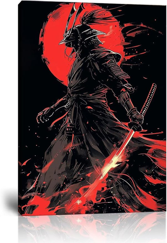Black and Red Japanese Samurai Wall Art Bushido Pictures Wall Decor Canvas Prints Armored Samurai Painting Poster Artwork Modern Home Decor Framed for Bedroom Living Room Office (24''W x 36''H)