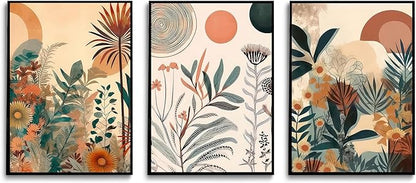 LYPHNX Boho Burnt Orange Botanical Floral Canvas Wall Art Abstract Terracotta Jungle Poster Pictures Set of 3 Flower Prints Painting Home Decor for Bathroom Bedroom Living Room 16"x24" Unframed