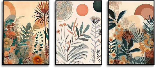 LYPHNX Boho Burnt Orange Botanical Floral Canvas Wall Art Abstract Terracotta Jungle Poster Pictures Set of 3 Flower Prints Painting Home Decor for Bathroom Bedroom Living Room 16"x24" Unframed