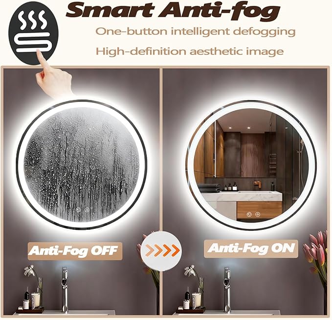 LTFUUAI 20" Round LED Bathroom Mirror with Lights, Smart Touch 3-Color Dimming Lighted Vanity Mirror wall Mounted, Anti-Fog Shatterproof with Front & Back Light, for Bathroom Vanity
