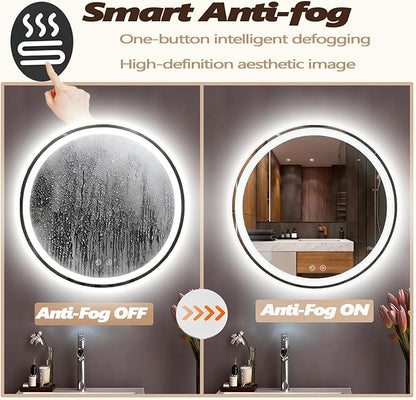 LTFUUAI 20" Round LED Bathroom Mirror with Lights, Smart Touch 3-Color Dimming Lighted Vanity Mirror wall Mounted, Anti-Fog Shatterproof with Front & Back Light, for Bathroom Vanity