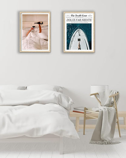 EcoHest Trendy Newspaper Dolce Far Niente Framed Wall Art, 12x16 in OAK Wood La Dolce Vita Canvas Art, Magazine Italian Summer Headline Print Decor, Beige Logs Set of 1 for Bedroom Living Room