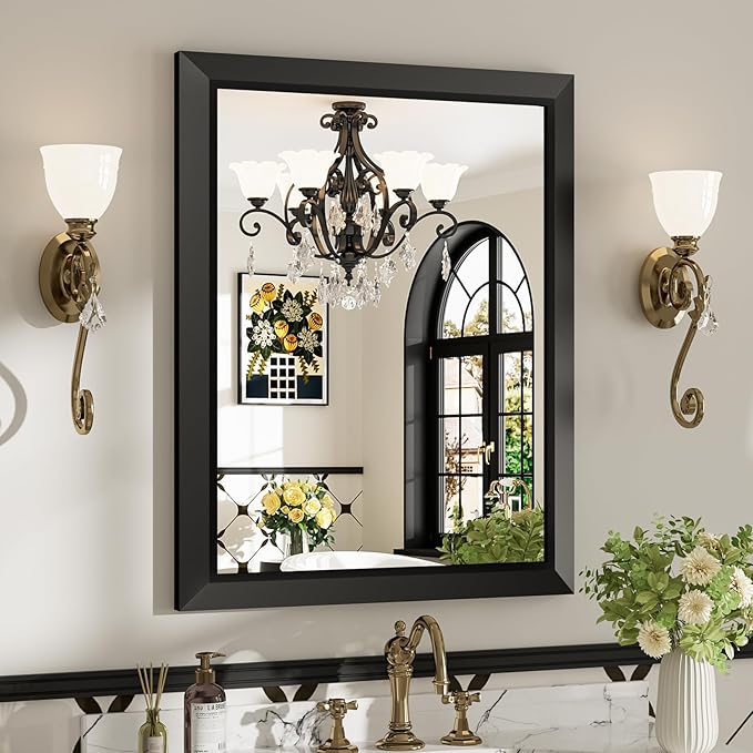 24x30 Inch Black Bathroom Mirror for Wall, Beveled Framed Rectangle Bathroom Vanity Mirrors for Over Sink, Bedroom, Living Room, Entryway, Anti-Rust, HD Tempered Glass, Horizontally/Vertically