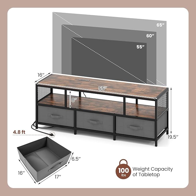 Tangkula Farmhouse TV Stand for TVs up to 65", 3-Tier Entertain Center with Power Outlets USB Charging, Media Console Table with Open Shelf & 3 Fabric Storage Drawers for Living Room (Rustic Brown)