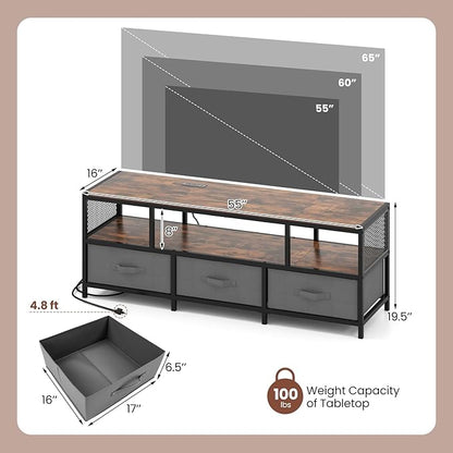 Tangkula Farmhouse TV Stand for TVs up to 65", 3-Tier Entertain Center with Power Outlets USB Charging, Media Console Table with Open Shelf & 3 Fabric Storage Drawers for Living Room (Rustic Brown)