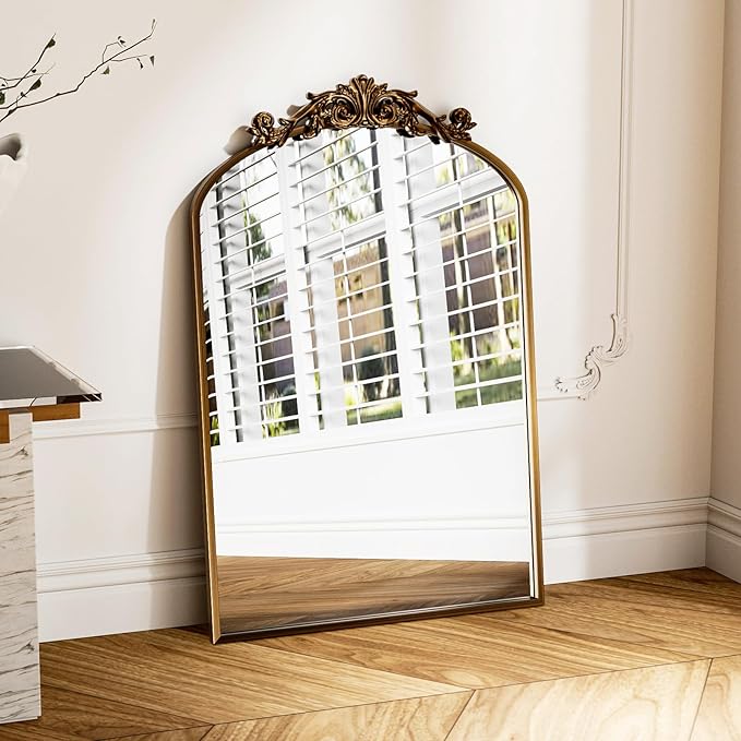 Traditional Vintage Gold Mirror, Antique Arched Mirror, Bronze Decor Wall Mirrors, Large Baroque Mirror with Aluminum Frame, Ornate Mirrors for Bathroom, Living Room, Fireplace (36"x24")
