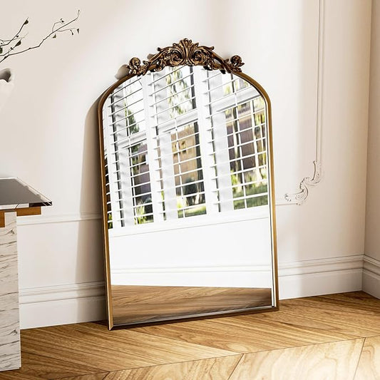 Traditional Vintage Gold Mirror, Antique Arched Mirror, Bronze Decor Wall Mirrors, Large Baroque Mirror with Aluminum Frame, Ornate Mirrors for Bathroom, Living Room, Fireplace (36"x24")