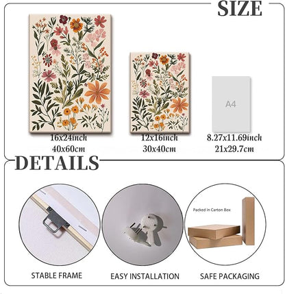 KISSFOX 3 Piece Boho Floral Canvas Wall Art For Bedroom Cottagecore Wild Flower Wall Art Colorful Nature Modern Botanical Art Prints For Nursery Living Room,12x16 in