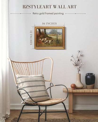 Bzstyleart Vintage Wall Art Decor for Living Room, Gold Framed Canvas Wall Art Home Decor Aesthetic, Cute Dog Artwork Animal Prints, Canvas Picture Print Artwork, 12 x 16 Inch