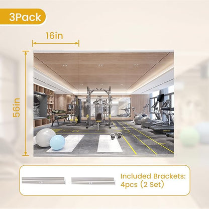 56X16 3Pack Large Home Gym Mirror, Frameless Tempered Glass Dance Wall Mounted Mirror for Home, Yoga, Dancing, Studio, Living Room