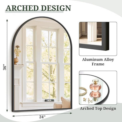 Arched Wall Mirror 36x24 Inch Black Bathroom Vanity Mirror with Metal Frame, Modern Arch Mirror for Bedroom, Living Room, Entryway, Wall Mounted Decorative Mirror