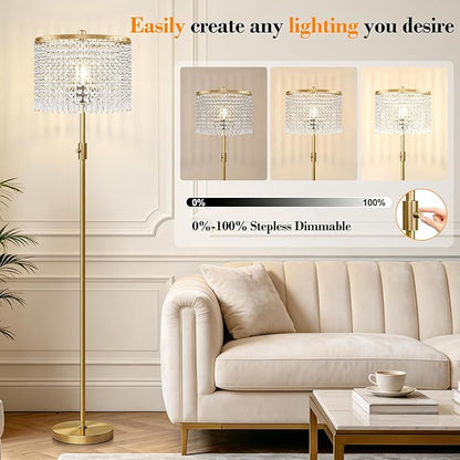 【Upgraded】 Dimmable Crystal Floor Lamps for Living Room, 1000LM LED Bulb Included, Standing Lamp with Knob Switch, Tall Gold Pole Light for Bedroom Nursery Office Corner Reading