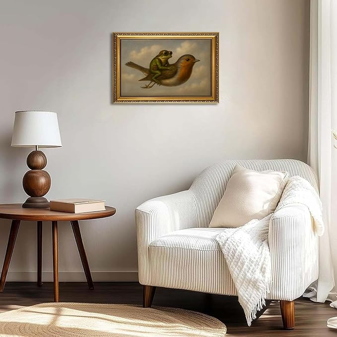 WZGZXU Gold Framed Wall Art Vintage Pictures Wall Decor Frog Riding Bird Canvas Art Funny Paintings Animal Prints Antique Artwork For Living Room Bedroom 24x36in