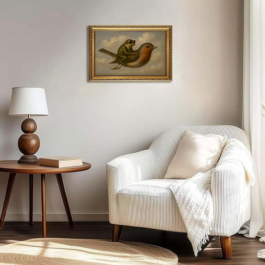 WZGZXU Gold Framed Wall Art Vintage Pictures Wall Decor Frog Riding Bird Canvas Art Funny Paintings Animal Prints Antique Artwork For Living Room Bedroom 24x36in