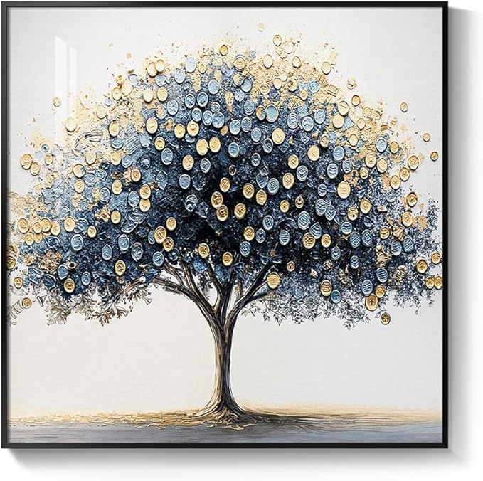 Framed Square Tree of Life Wall Art, Blue Gold Modern Money Tree Painting Prints, Minimalist Elegant Luxury Abstract Tree Artwork for Living Room Bedroom Kitchen Hallway Office Home Decor, 30x30 Inch